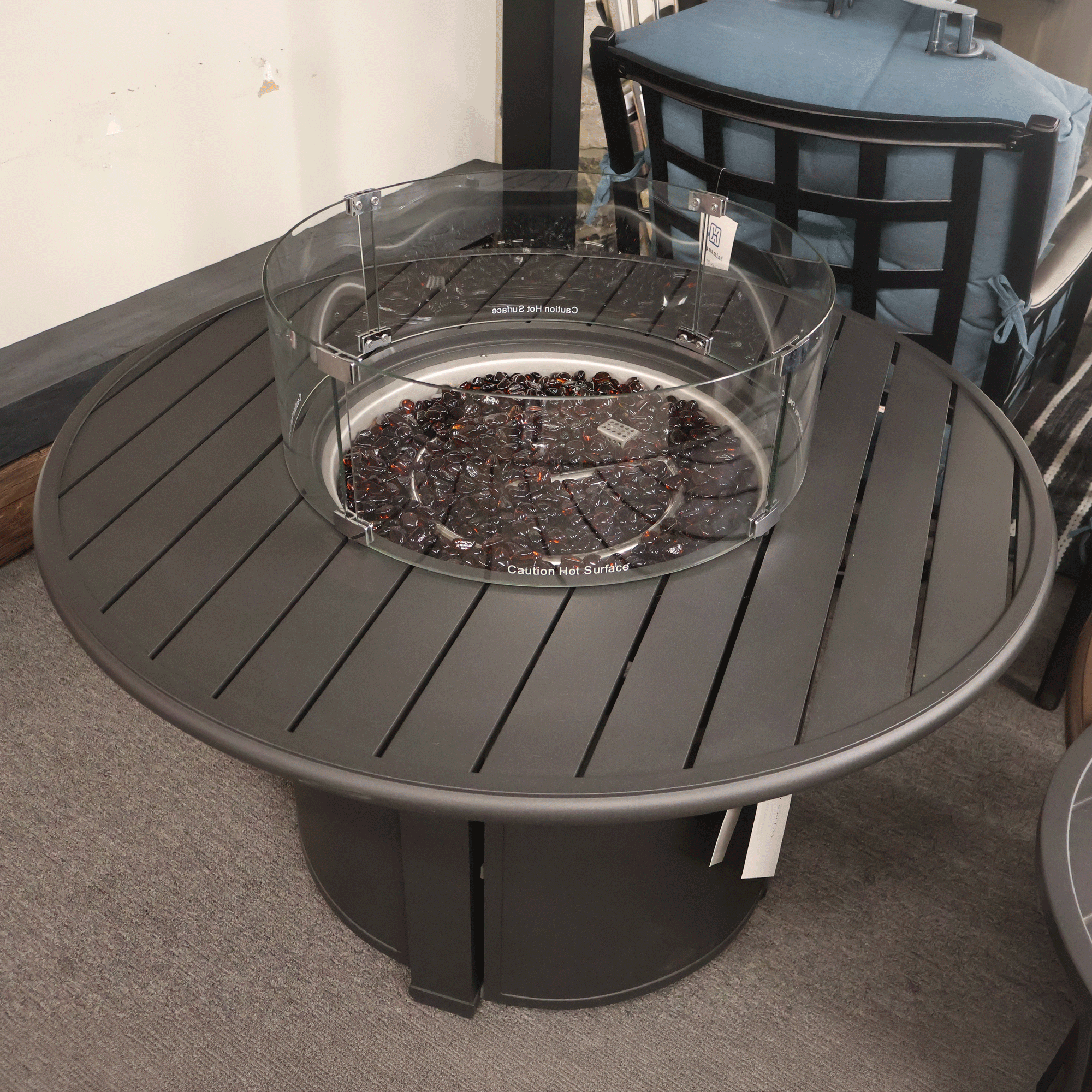 Winston 44" Round Slat Top Fire Table with Lid, Fire Glass, and Wind Guard