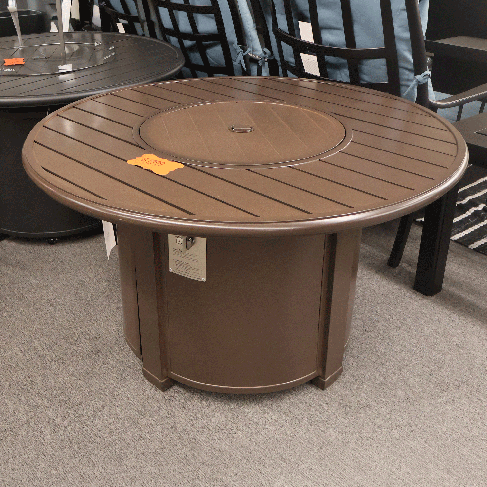 Winston 44" Round Slat Top Fire Table with Lid and Fire Glass